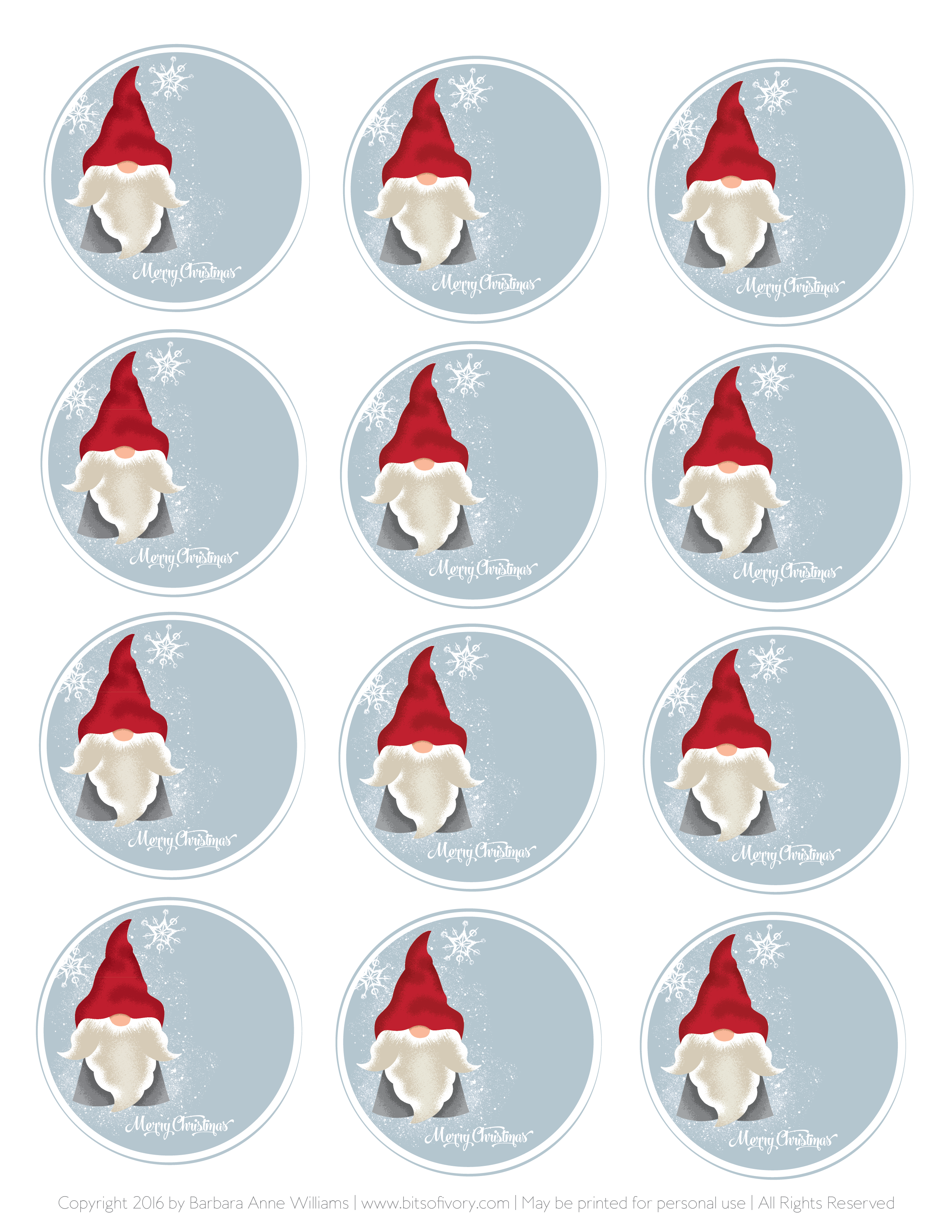 Printable Christmas Tags with Danish Nisse on snowy blue background from www.bitsofivory.com designed by Barbara Anne Williams